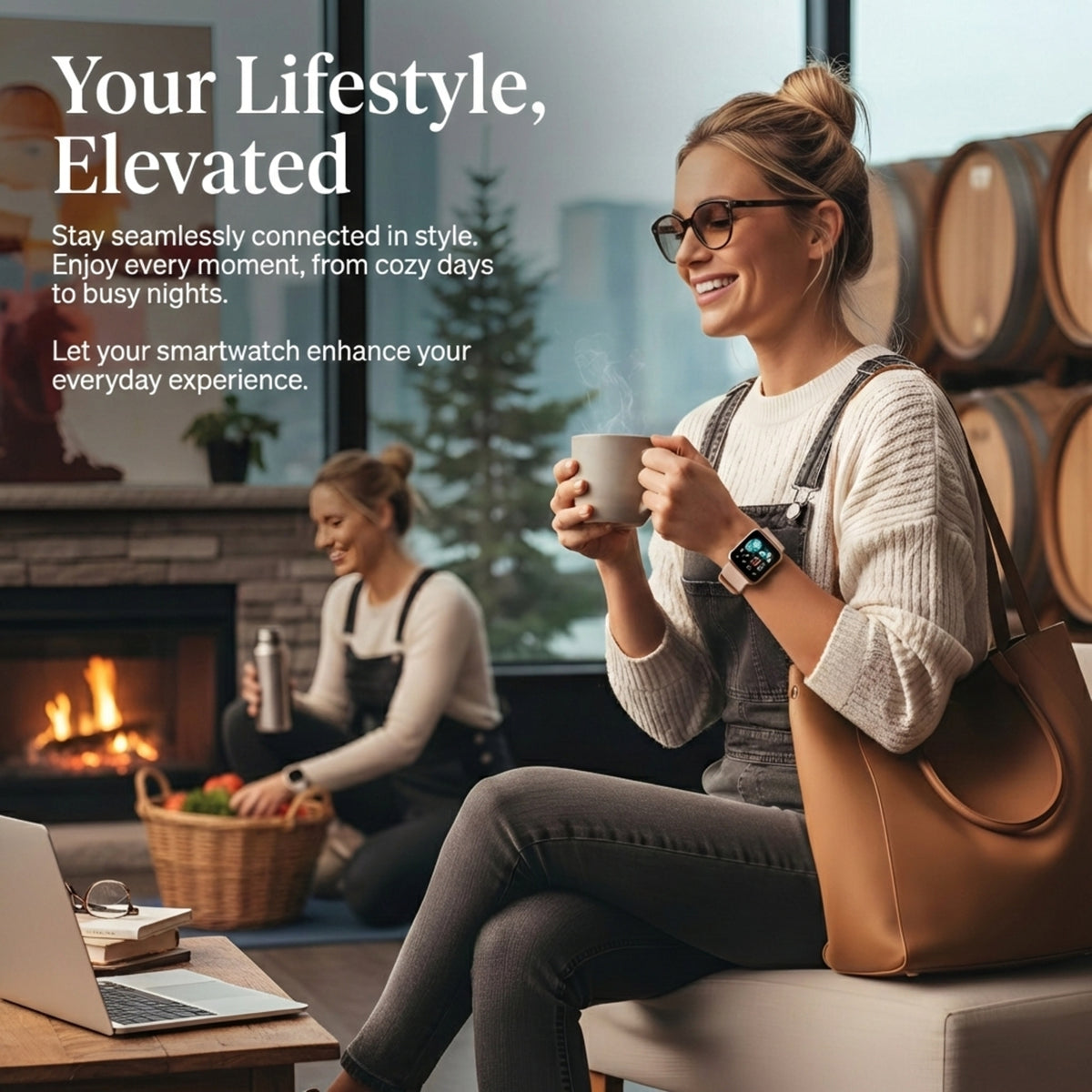 Woman relaxing by a fireplace wearing the smart watch