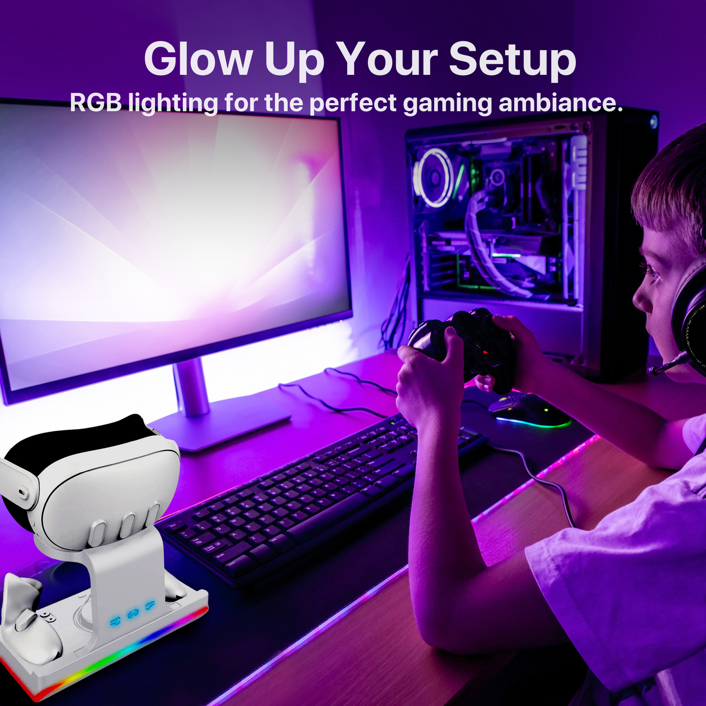 The Bigly Brothers Charging Dock compatible with Oculus Meta Quest 3 Fast Charging Stand for VR Headset & Controllers with RGB LED Light, Includes 2 Rechargeable Batteries, Essential VR Accessory