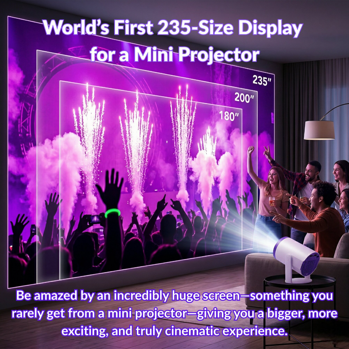 Brother Eye Mark I mini projector projecting a large concert image on a wall