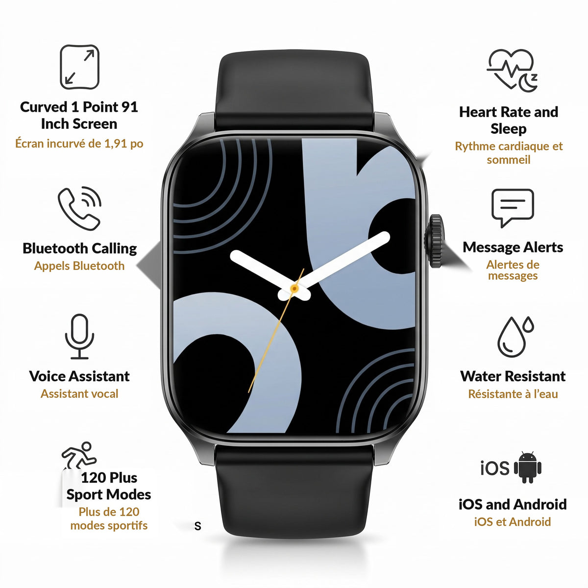 Curved Screen Smart Watch for Men and Women 1.91 Inch Display Bluetooth Calling Voice Assistant 120 Sport Modes Fitness Tracker Waterproof