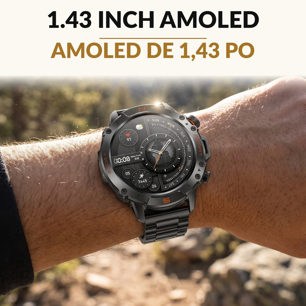 Rugged Smart Watch for Men 1.43 Inch AMOLED Always On Display 5ATM Waterproof 178 Sport Modes Bluetooth Calling 15 Day Battery with 2 Bands
