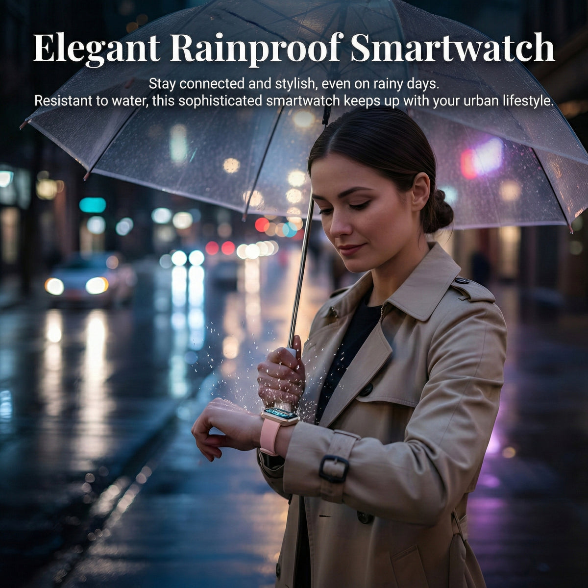Woman checking the smart watch on a rainy street
