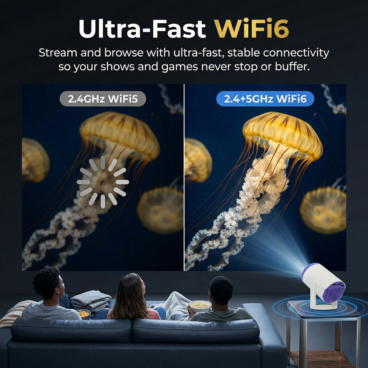 Brother Eye Mark I mini projector Wi-Fi streaming graphic with a jellyfish scene