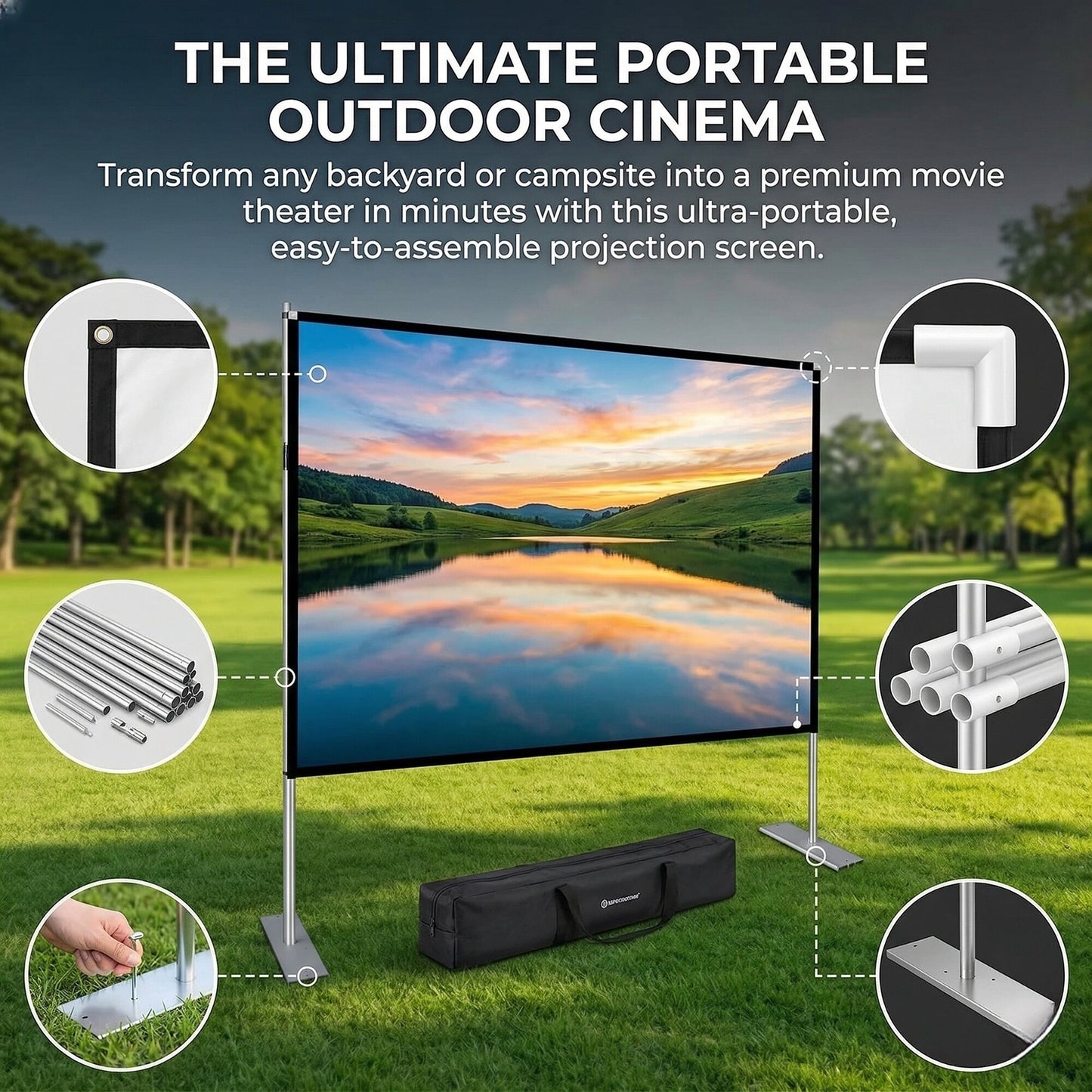 Projector Screen with Stand, 4K HD Indoor/Outdoor 16:9 Projection for Home Theater, Gaming, Business, Schools and Weddings, 3D Fast-Folding Projector Screen with Legs and Carry Bag