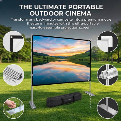 Projector Screen with Stand, 4K HD Indoor/Outdoor 16:9 Projection for Home Theater, Gaming, Business, Schools and Weddings, 3D Fast-Folding Projector Screen with Legs and Carry Bag