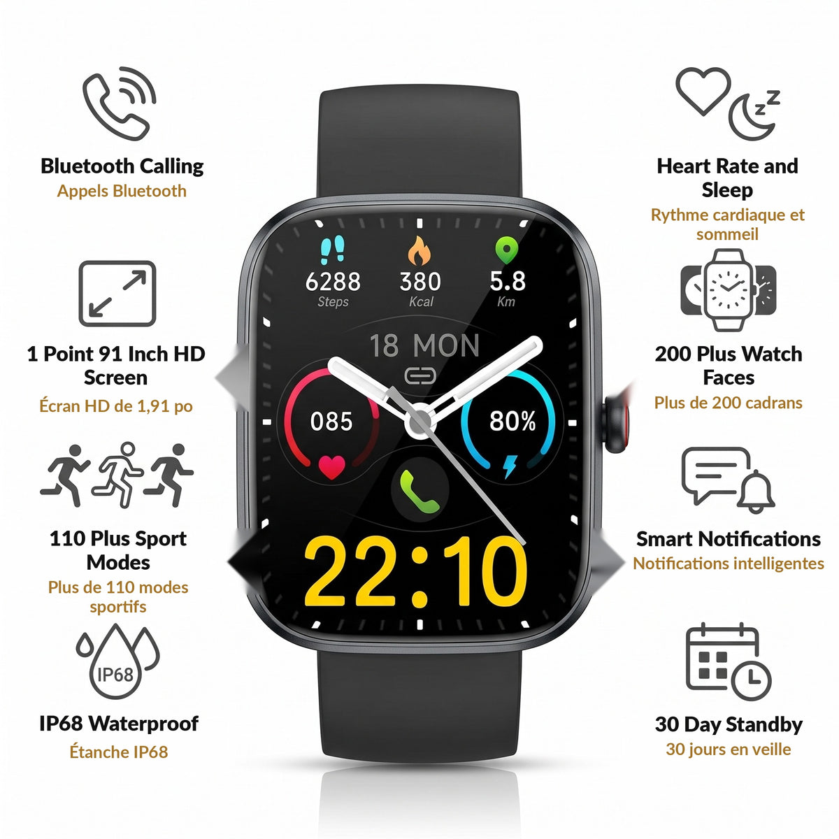 Smart Watch for Men and Women 1.91 Inch HD Touchscreen Bluetooth Calling 110 Sport Modes IP68 Waterproof Heart Rate Sleep Monitor 200 Watch Faces