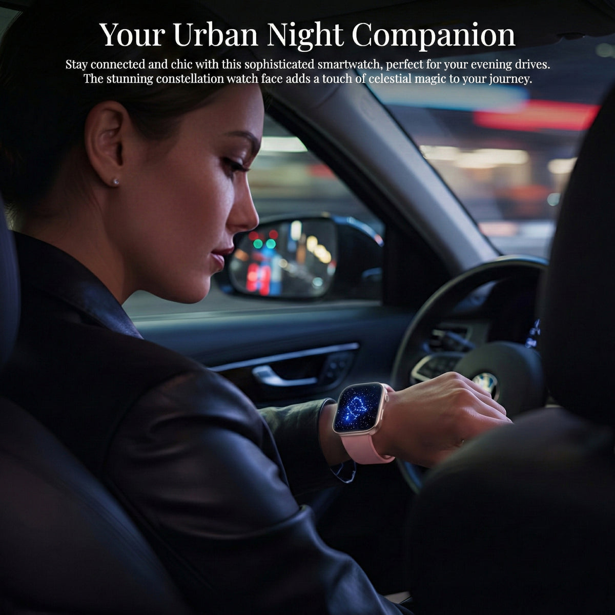 Woman driving at night wearing the smart watch