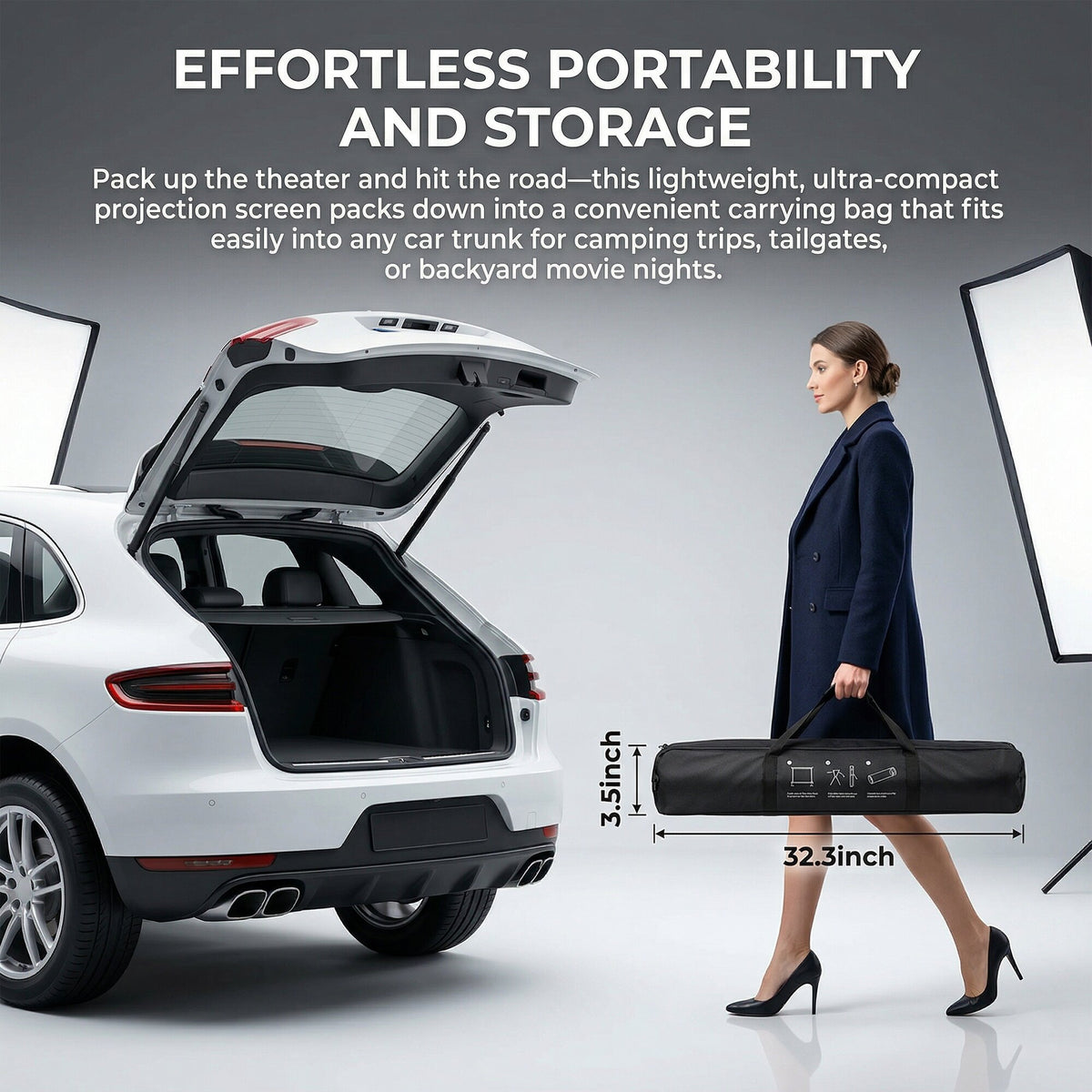 Woman carrying the folded projector screen in its bag to a car