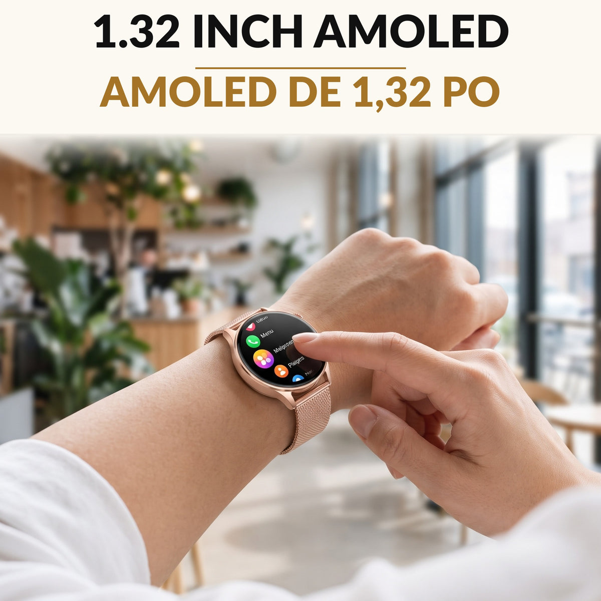 Women's Smart Watch with Bluetooth Calling 1.32 Inch AMOLED Round Display Rose Gold Steel Band Fitness Tracker Heart Rate Sleep 110 Sport Modes 3ATM