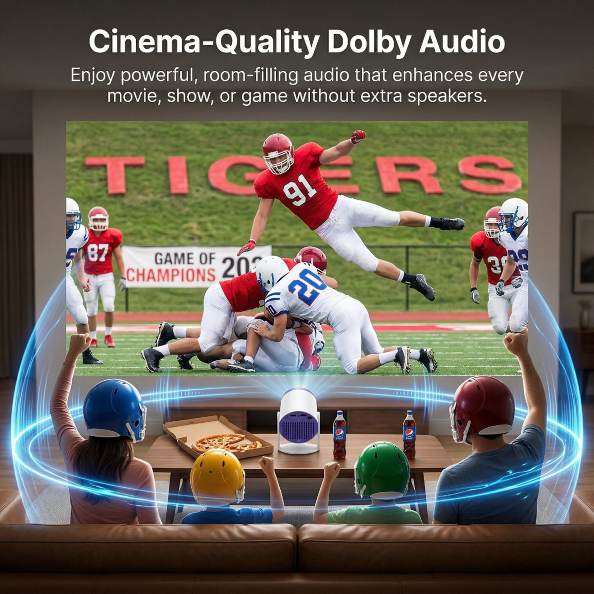 Brother Eye Mark I mini projector audio graphic with a football game on screen