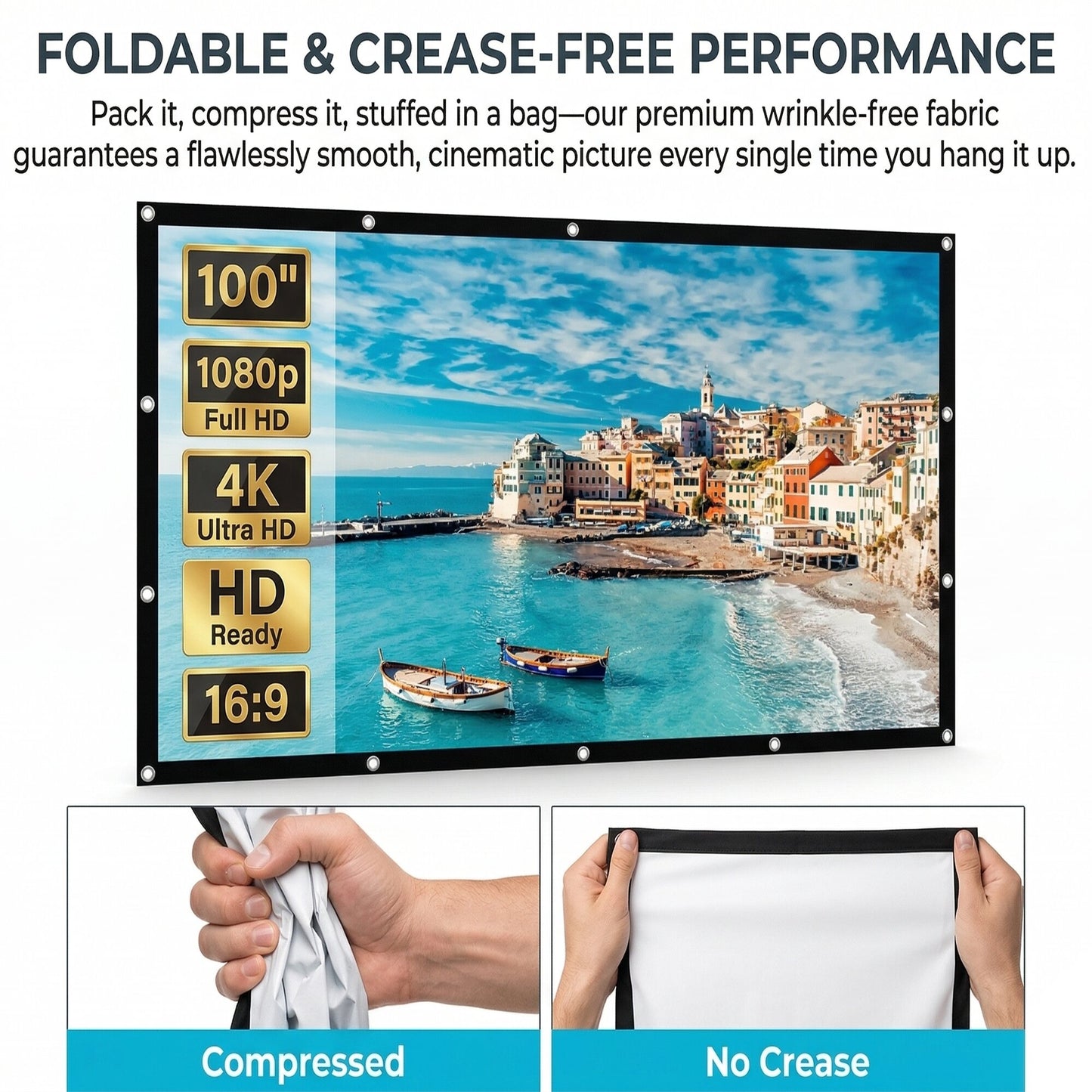100-inch Projector Screen, Double-Sided Washable Indoor/Outdoor 16:9 Wall Mount Screen, Foldable Anti-Crease Portable Projector Screen for Home Theater, Gaming, Business, Weddings