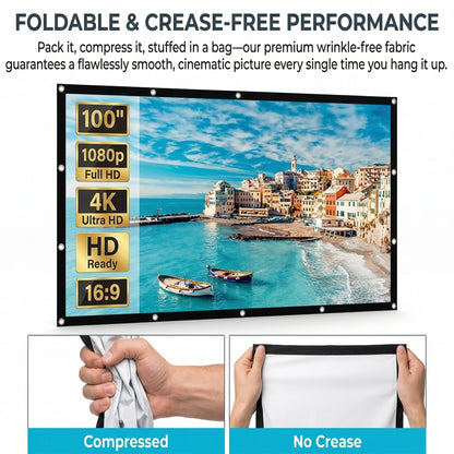 100-inch Projector Screen, Double-Sided Washable Indoor/Outdoor 16:9 Wall Mount Screen, Foldable Anti-Crease Portable Projector Screen for Home Theater, Gaming, Business, Weddings
