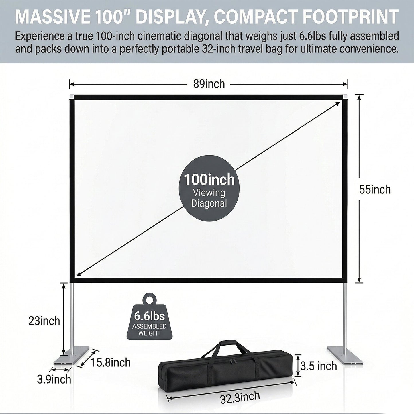 Projector Screen with Stand, 4K HD Indoor/Outdoor 16:9 Projection for Home Theater, Gaming, Business, Schools and Weddings, 3D Fast-Folding Projector Screen with Legs and Carry Bag