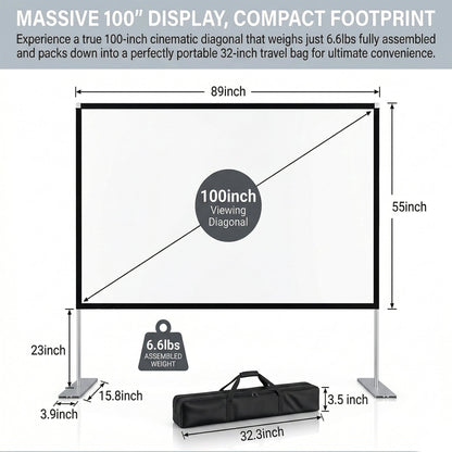 Projector Screen with Stand, 4K HD Indoor/Outdoor 16:9 Projection for Home Theater, Gaming, Business, Schools and Weddings, 3D Fast-Folding Projector Screen with Legs and Carry Bag