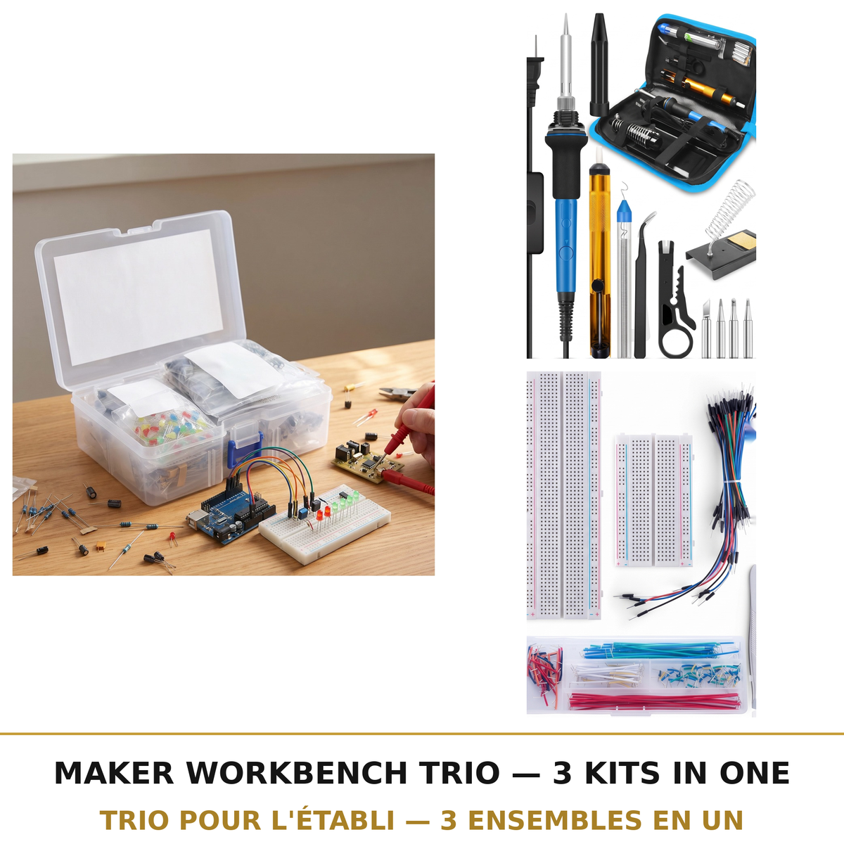 Maker Workbench Trio Bundle - 1390-Piece Electronic Components Kit, Solderless Breadboard Kit and 60W Soldering Iron Kit for DIY Electronics and Repair