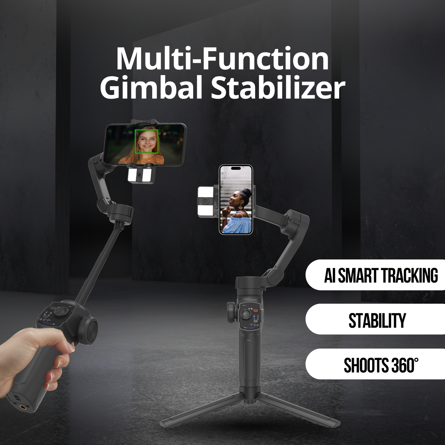 The Bigly Brothers Steady Arms 1 Vlogging 3-Axis Gimbal: Smart AI Face Tracking, Foldable Phone Stabilizer for All Phones (Android & iPhone), Vlogging Mode, Remote Gesture Control on iOS