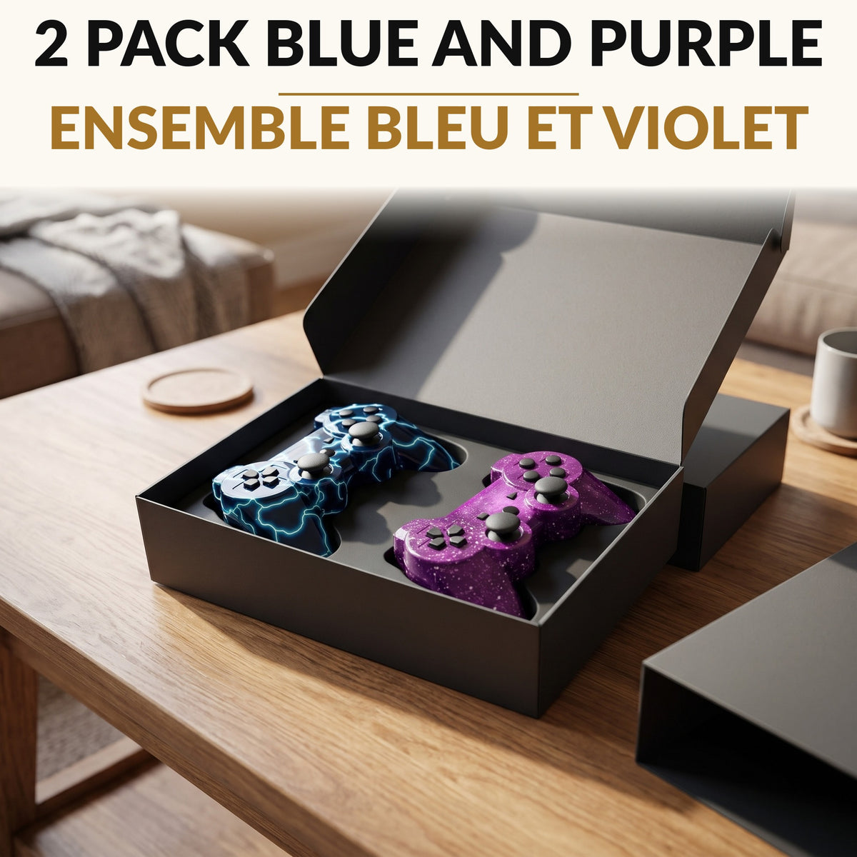 Wireless Game Controller 2 Pack Blue and Purple with Motion Sensing Dual Vibration 33 Foot Bluetooth Range and Charging Cables for Classic Gaming Console