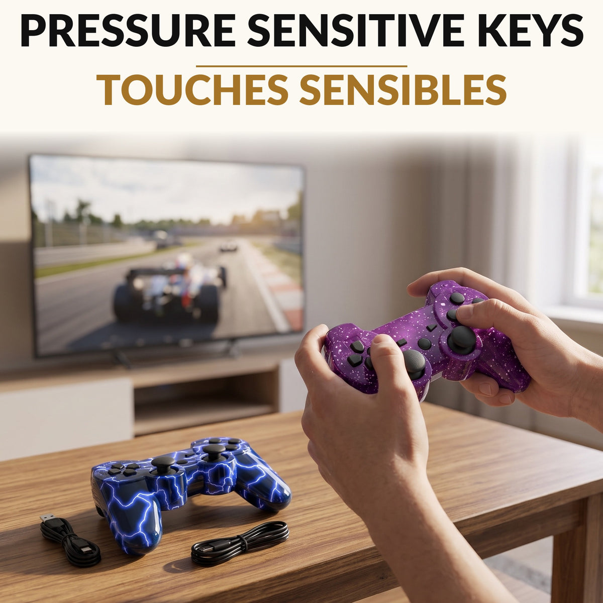 Wireless Game Controller 2 Pack Blue and Purple with Motion Sensing Dual Vibration 33 Foot Bluetooth Range and Charging Cables for Classic Gaming Console