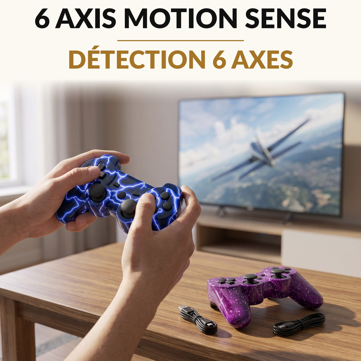 Wireless Game Controller 2 Pack Blue and Purple with Motion Sensing Dual Vibration 33 Foot Bluetooth Range and Charging Cables for Classic Gaming Console
