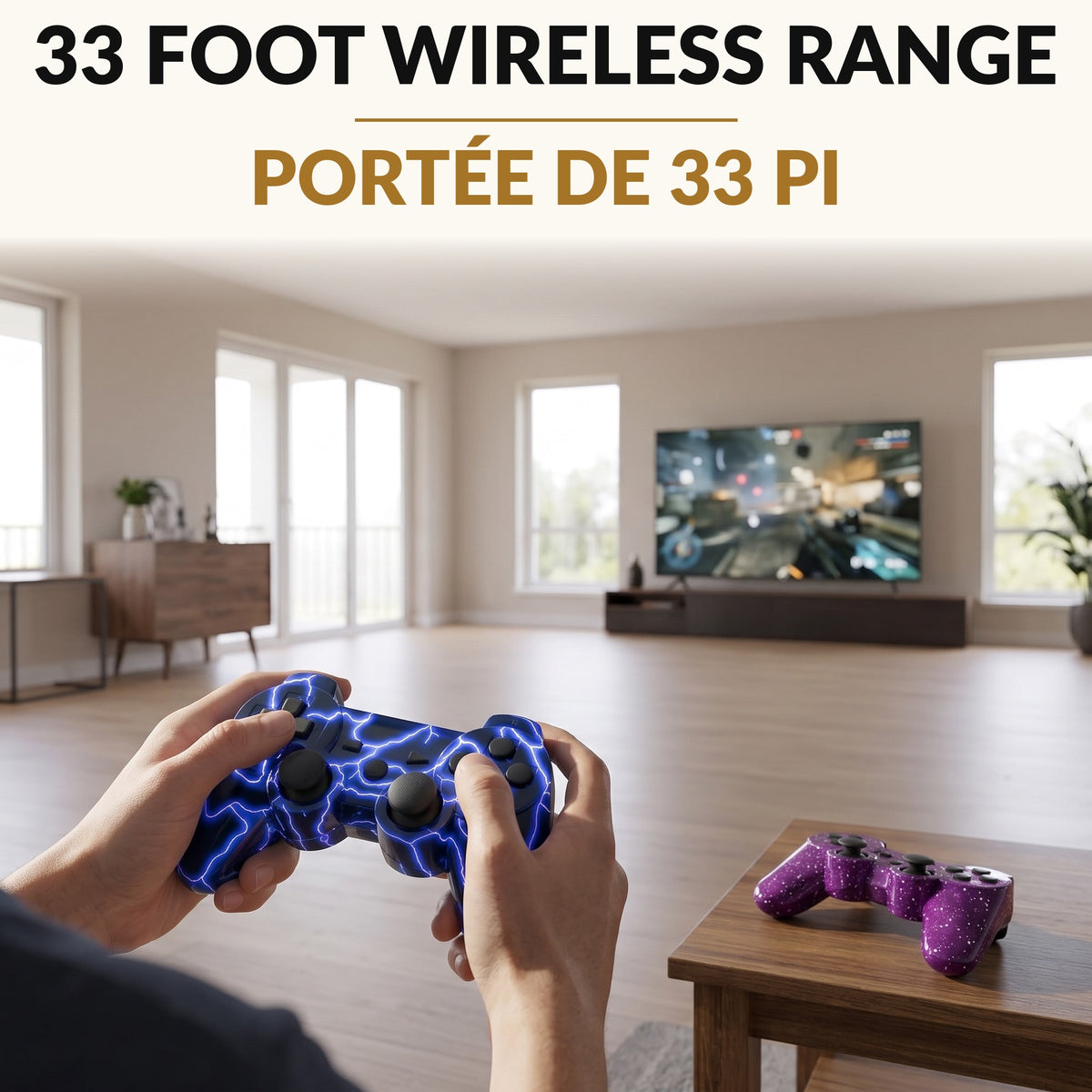 Wireless Game Controller 2 Pack Blue and Purple with Motion Sensing Dual Vibration 33 Foot Bluetooth Range and Charging Cables for Classic Gaming Console