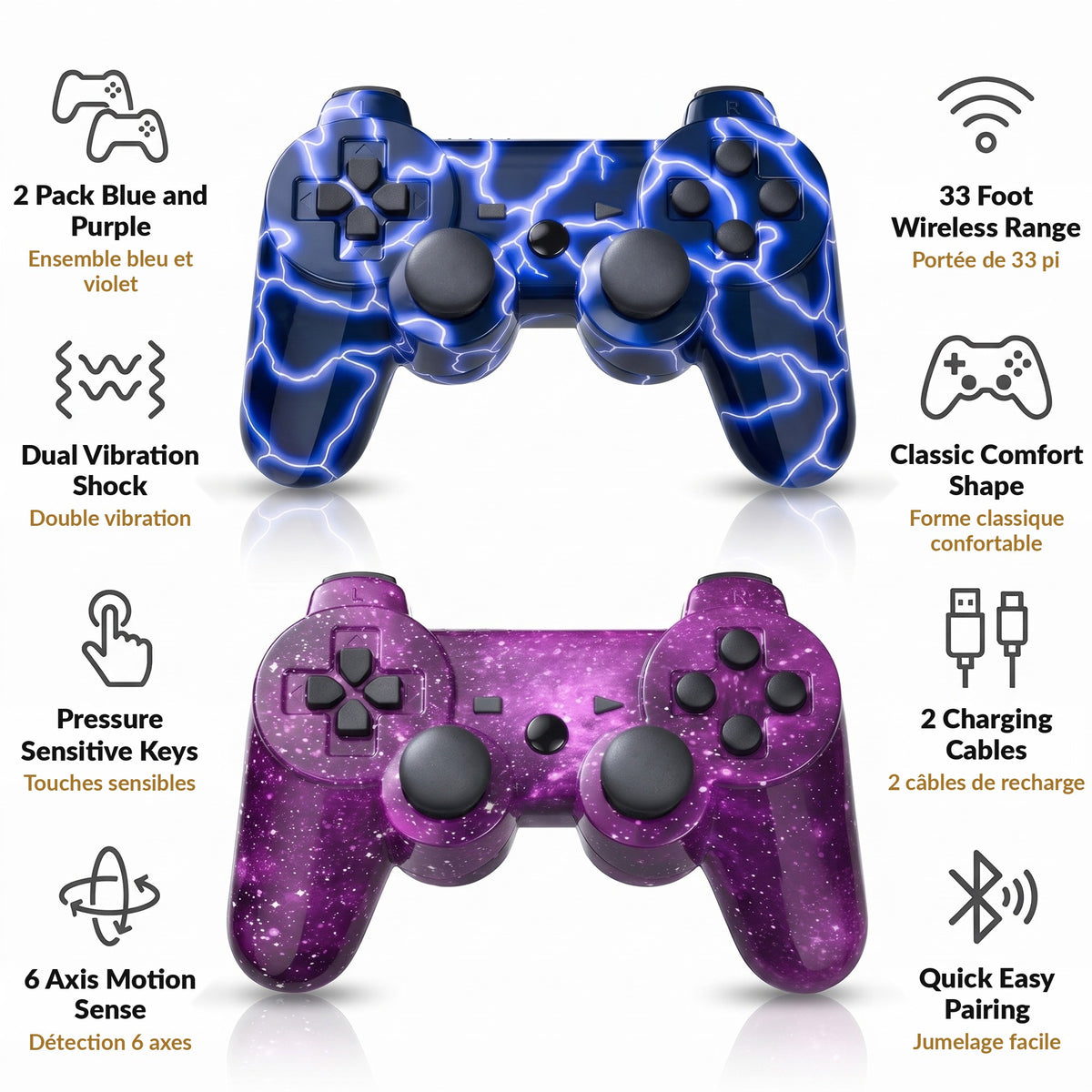 Wireless Game Controller 2 Pack Blue and Purple with Motion Sensing Dual Vibration 33 Foot Bluetooth Range and Charging Cables for Classic Gaming Console
