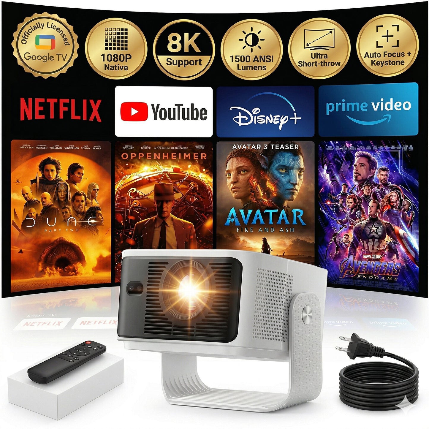 Brother Eye Mark III Elite Edition Officially Licensed Google TV 4K Smart Projector, 1500 Lumens, WiFi Bluetooth Portable Movie Projector with Auto Focus, Wireless Proyector for Phone/PC/Gaming