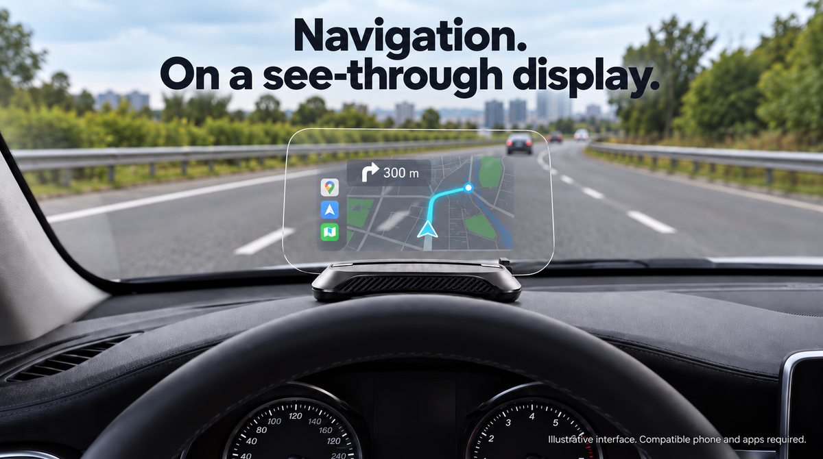 Holo Pilot One navigation on a transparent combiner, illustrative interface