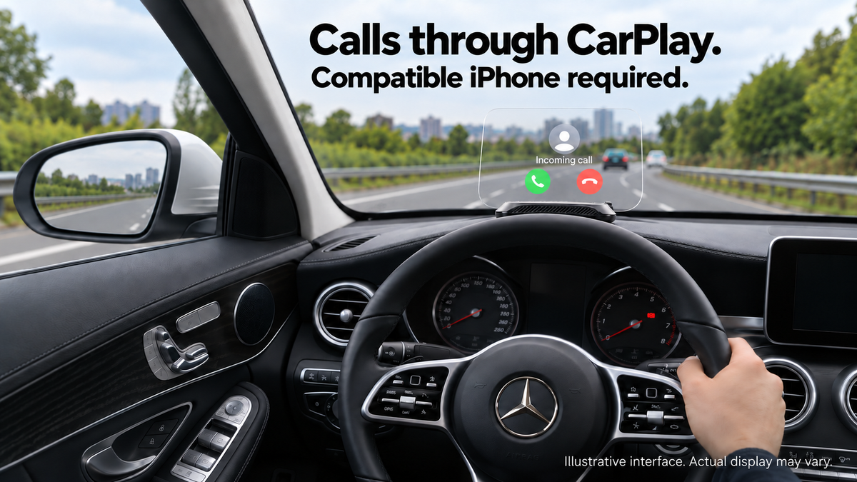 Holo Pilot One calls through CarPlay; compatible iPhone required; illustrative interface