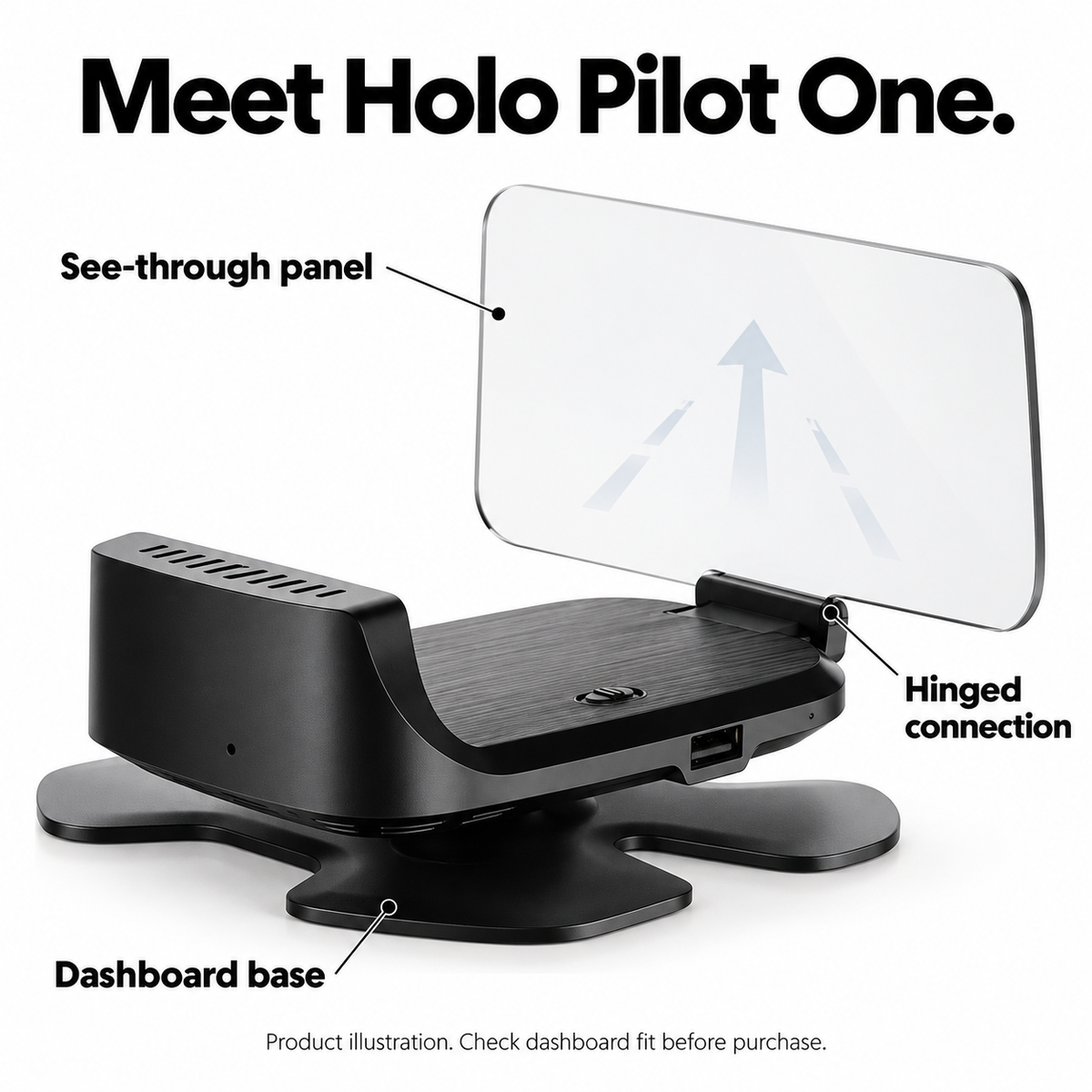Holo Pilot One transparent panel, hinge and dashboard base; source-guided product illustration.