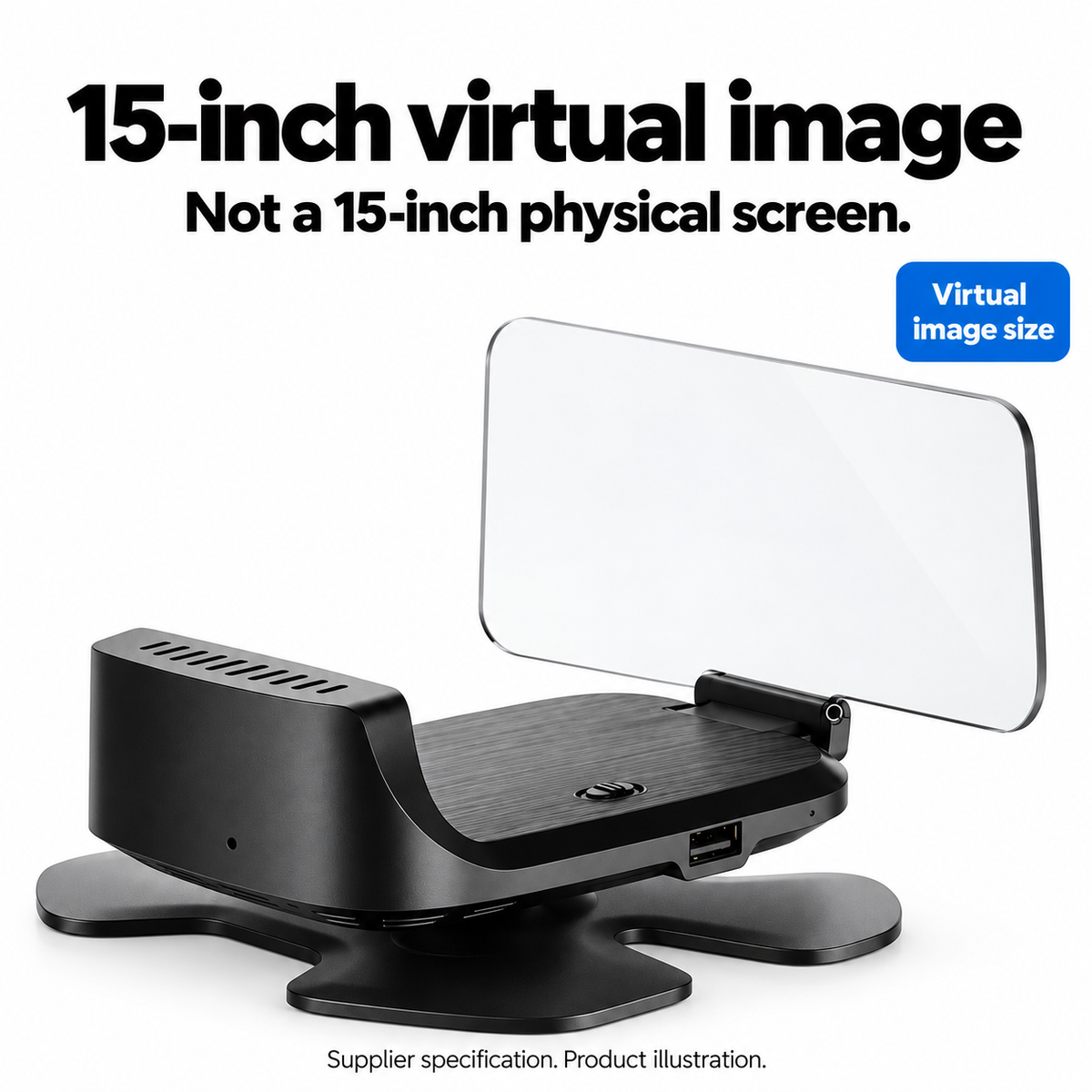 Holo Pilot One product illustration clarifies supplier-stated 15-inch virtual image, not physical panel size.