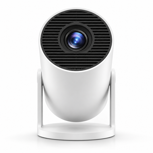 Mark I Lite white projector, front-facing view. Reconstructed product illustration.