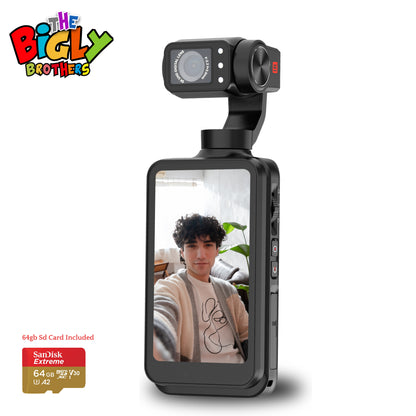 The Bigly Brothers Nimble 1 World largest Pocket Camera Screen 3.5-inch vlogging Camera screen with 64gb SD Card, 3-axis EIS Stabilization, 5k @30fps, 4k @60fps , AI Face tracking, IR night Vision, 120° wide-angle, 180° rotatable screen great for youtube