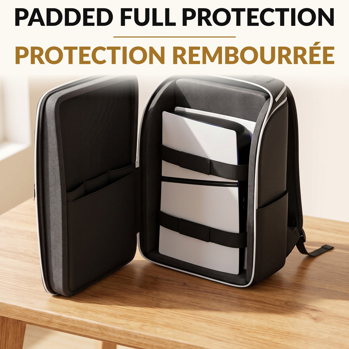 Game Console Travel Backpack with Padded Full Protection Compartment Fits Console Two Controllers Laptop Handheld and Games Water Resistant Carrying Bag
