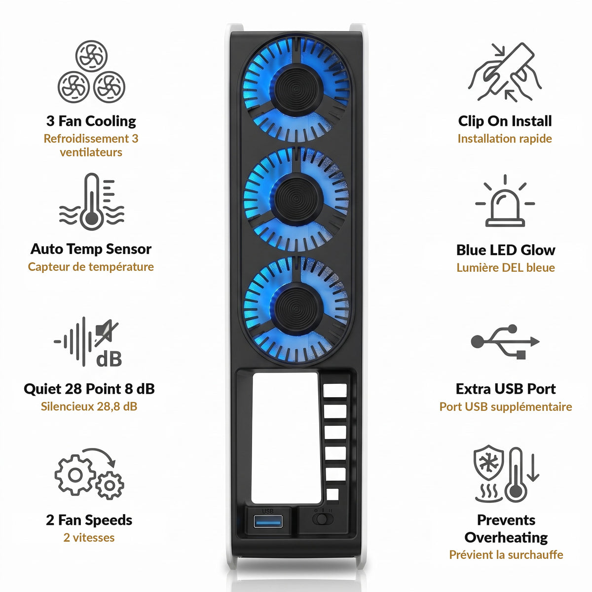 Quiet Cooling Fan for Slim Game Console with 3 Fans Auto Temperature Sensor Blue LED Light 2 Speeds and Extra USB Port for Disc and Digital Editions