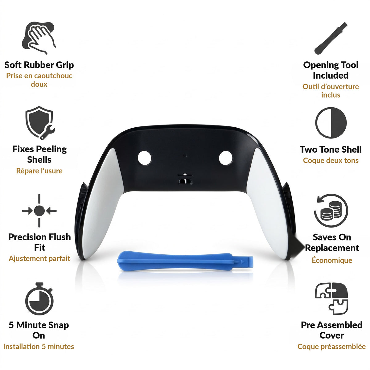 Replacement Back Shell Cover for Pro Edition Controller White with Soft Rubber Grip Snap On Install Opening Tool Included Fixes Peeling and Yellowing