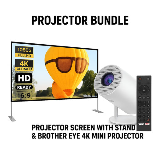 Projector Bundle - Projector Screen with Stand & Brother eye 4k Mini projector 300 lumens 2gb ram 16gb rom ultra fast , All in One Super Mini Projector