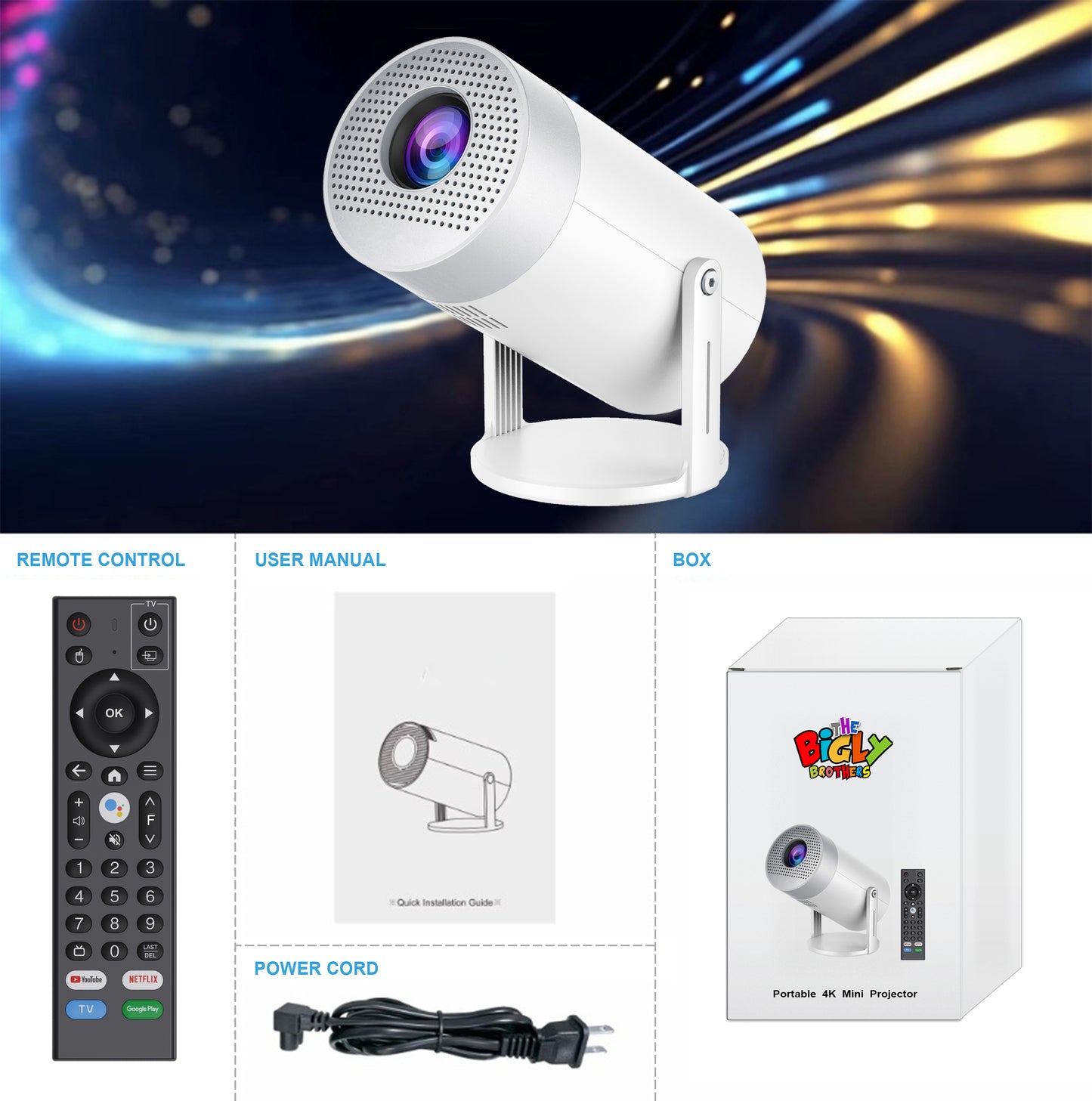 Brother eye 4k Mini projector 300 lumens , Built-in speaker , Pre installed Apps, up to 200 inch size display , 2gb ram ultra fast , All in One Super Mini Projector