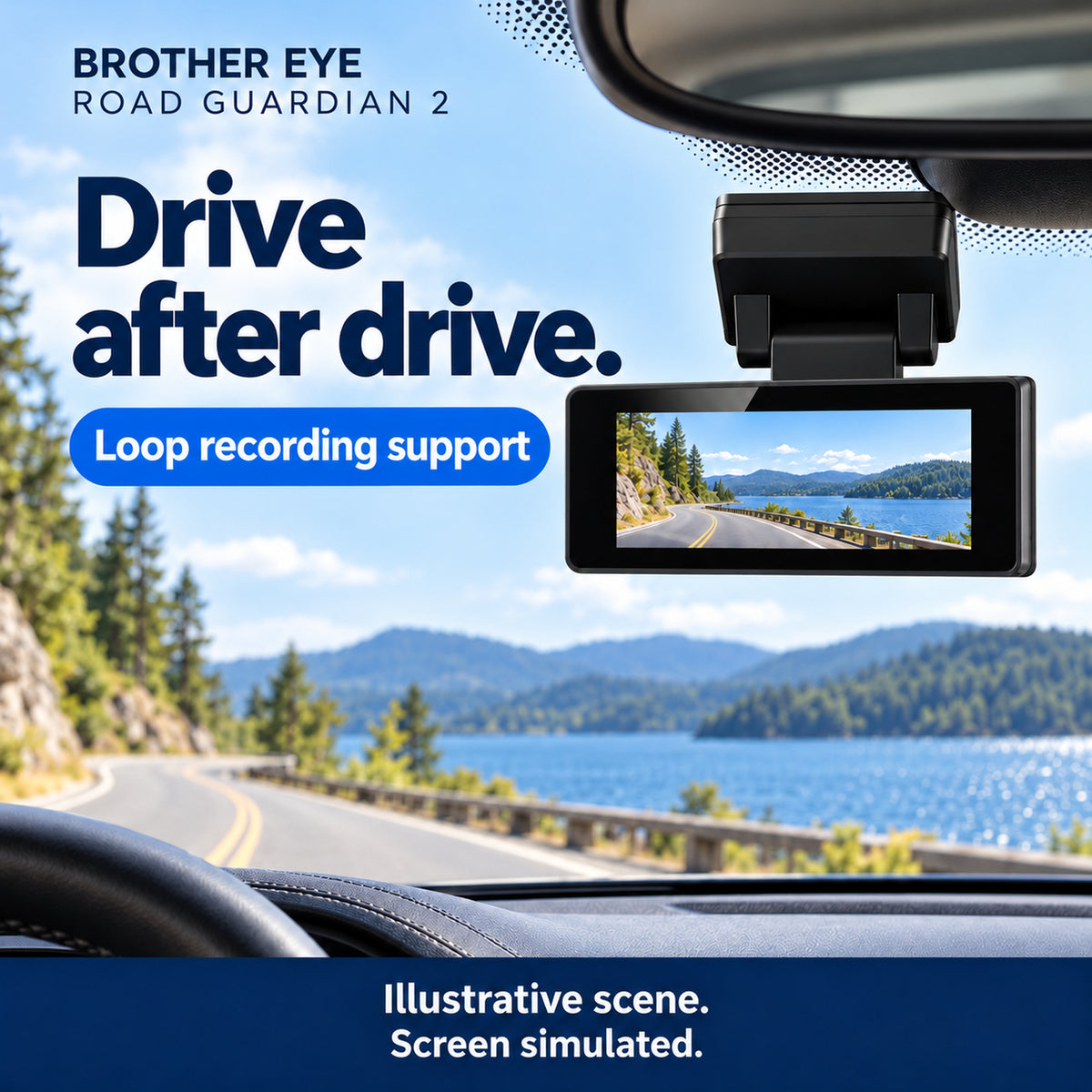 Road Guardian 2 loop recording support; illustrative scene and simulated screen