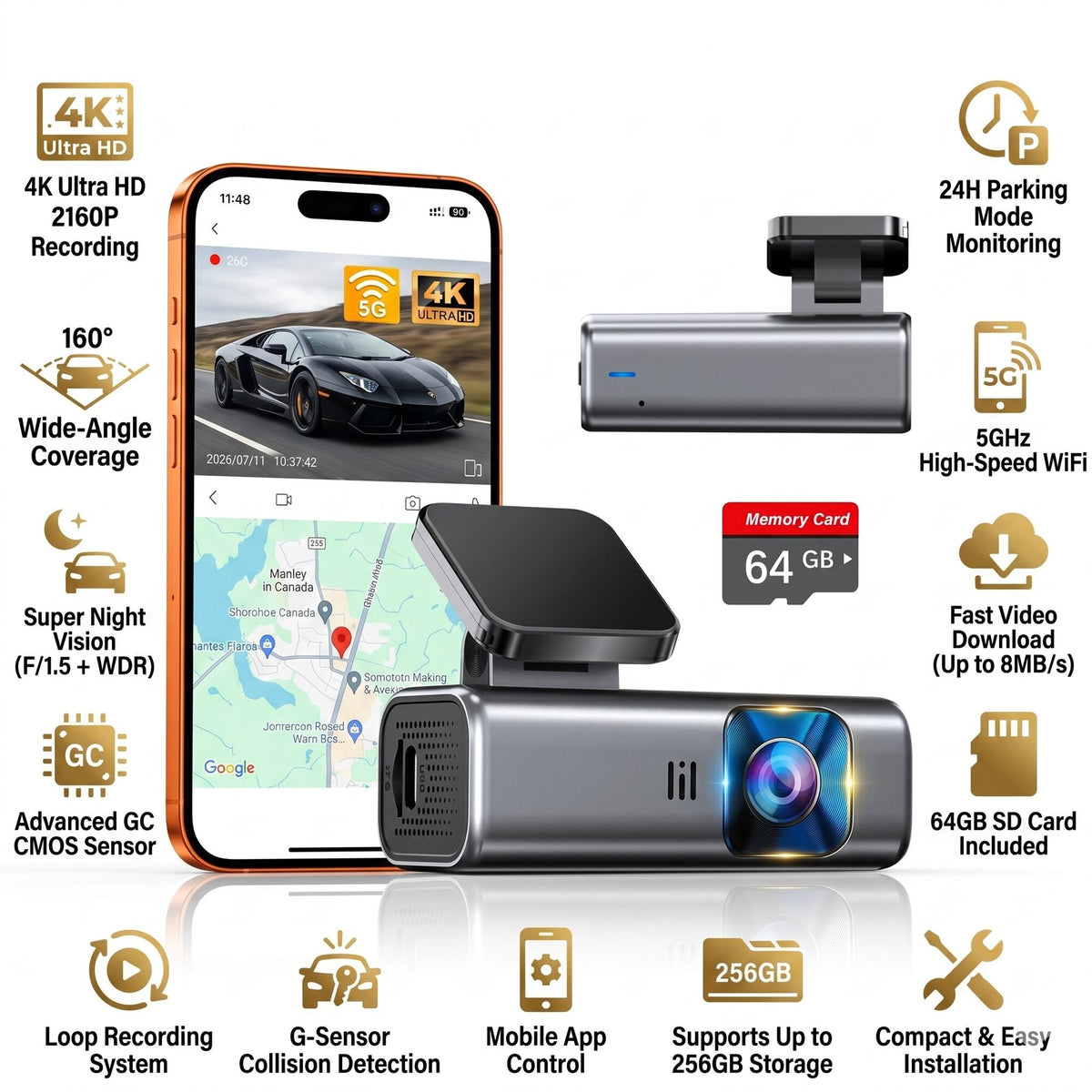 4K Dash Cam Front with Loop Recording, 64GB Card Included, Supports 256GB, 24 Hours Parking Monitor, G-Sensor, 5G WiFi & APP Control Dash Camera, Mini Dashcam for Cars