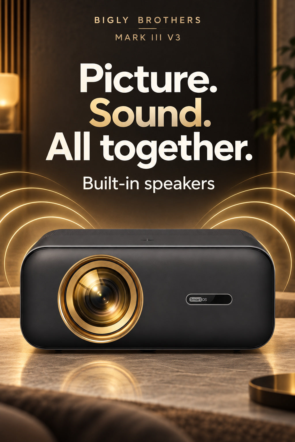 Brother Eye Mark III Elite V3 built-in speakers feature panel in an illustrative living room.
