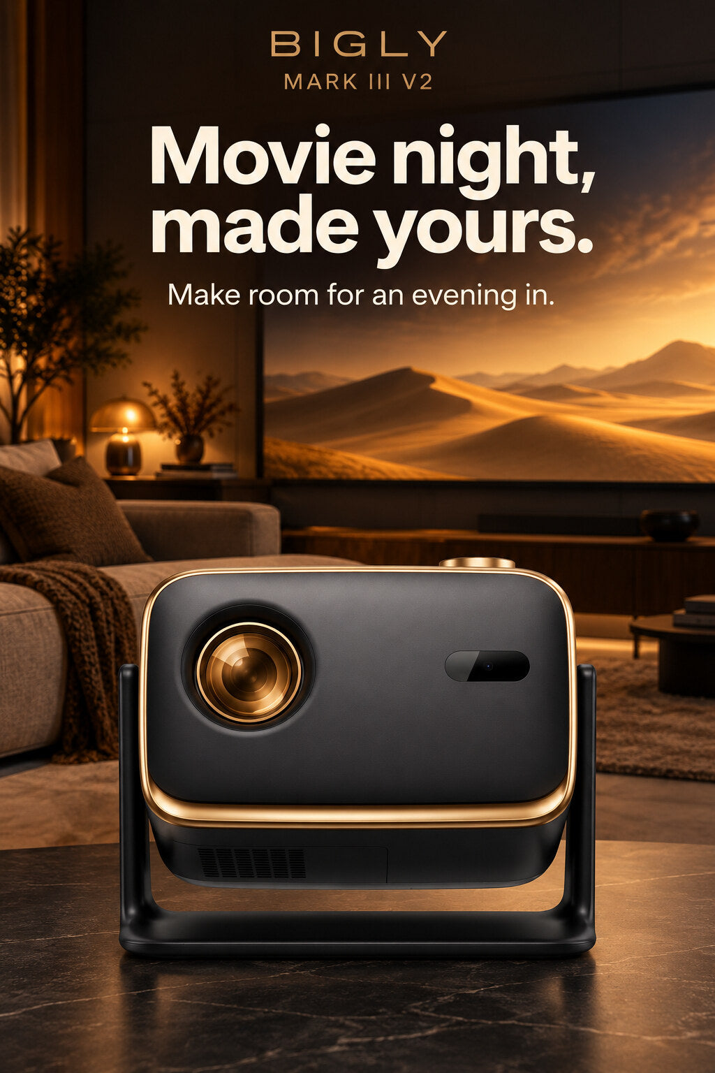 Brother Eye Mark III Elite V2 black-and-gold projector in its U-shaped cradle, styled for an indoor movie night. AI advertising illustration.