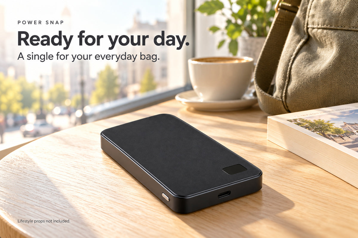 One Power Snap ready beside an everyday bag. Lifestyle props not included.