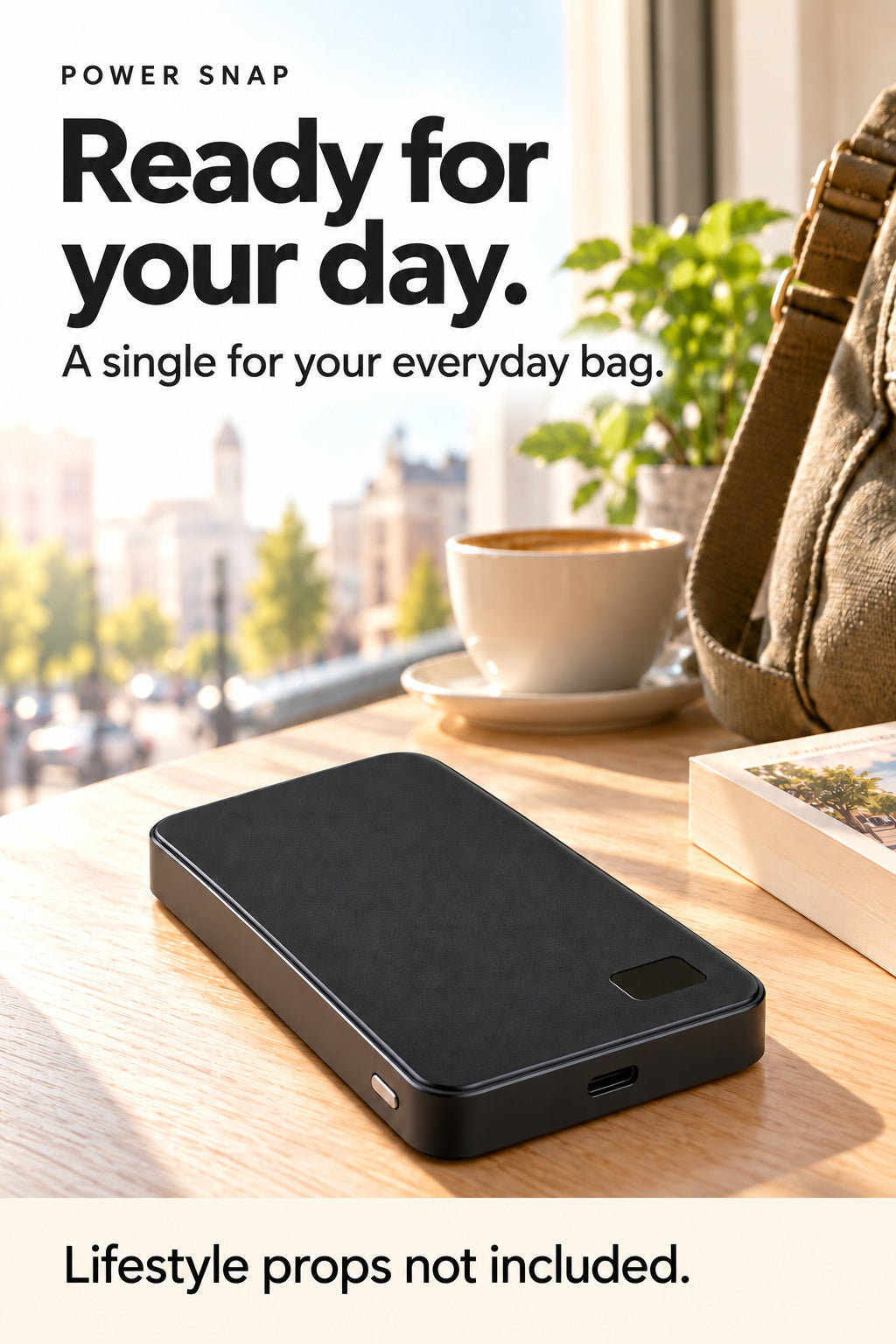 One Power Snap ready beside an everyday bag. Lifestyle props not included.