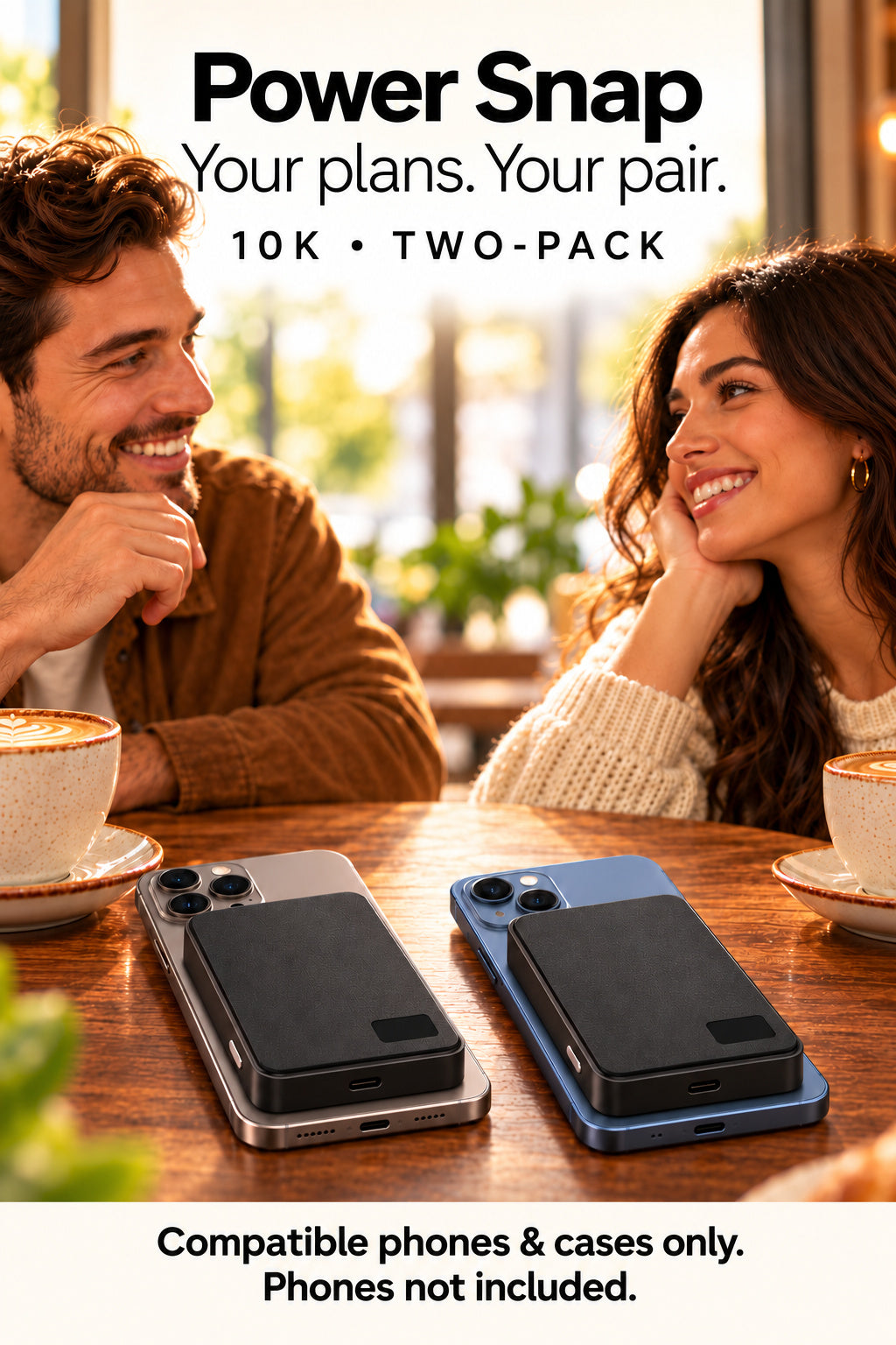 A Power Snap for each of you. Two compatible phones with power banks at a cafe; phones and props not included.