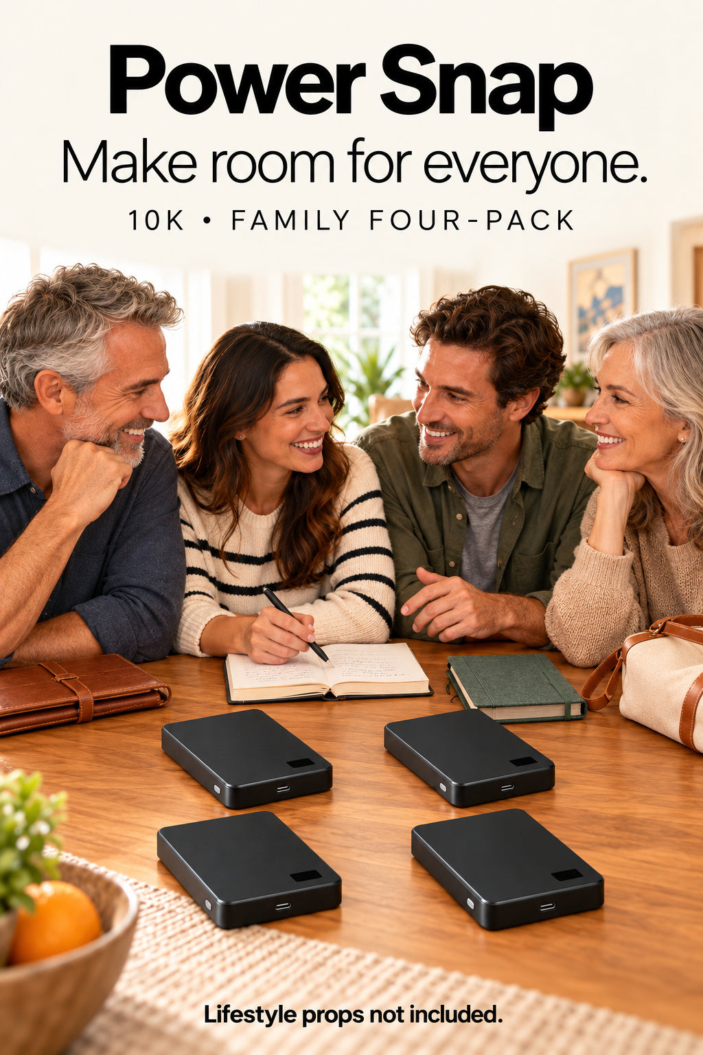 A four-pack for the household. Four Power Snap banks ready on a weekend table; props not included.