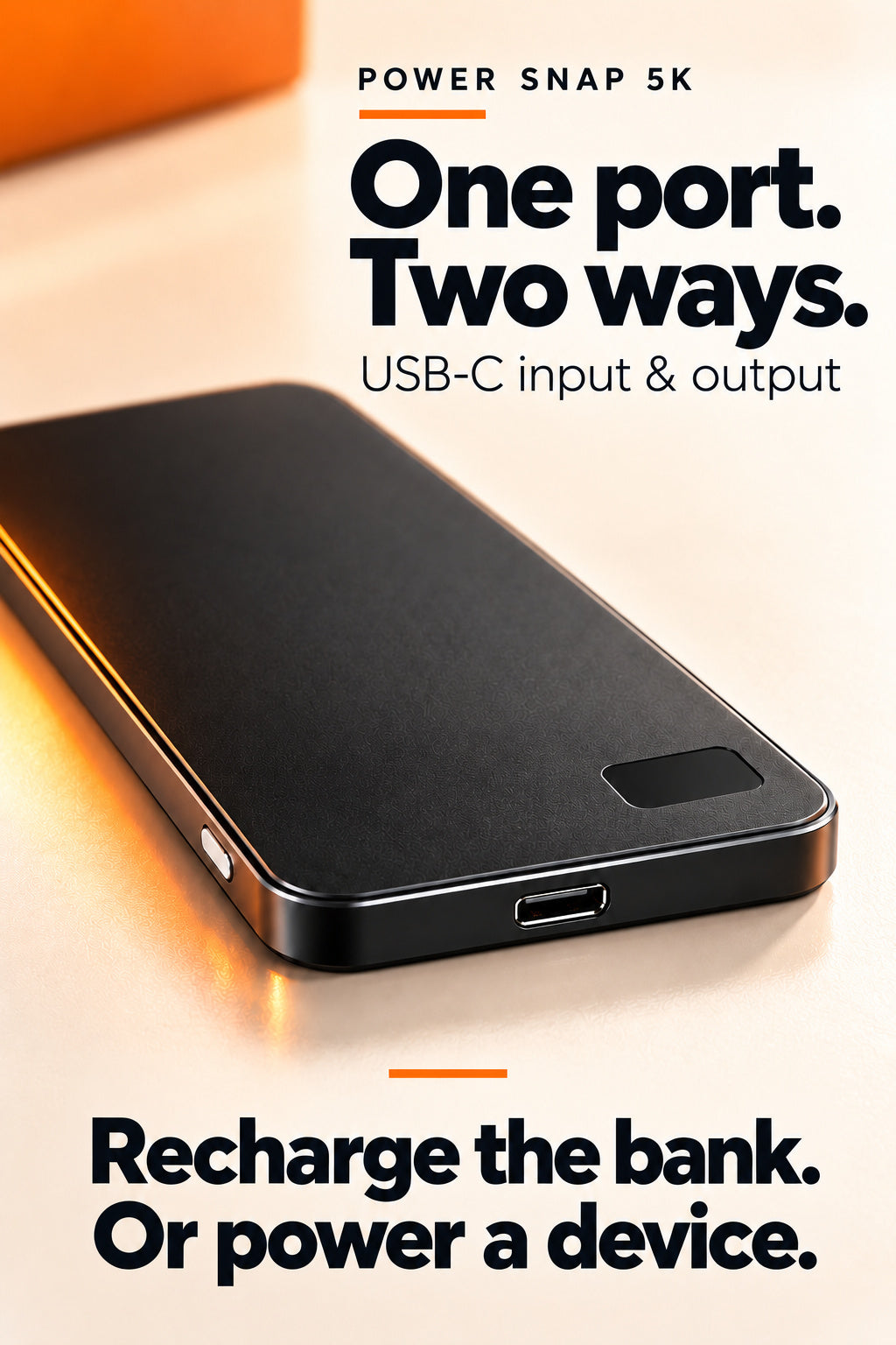 Power Snap5K: USB-C input and output. Compatible phone or magnetic case required for attachment; phone and props not included.