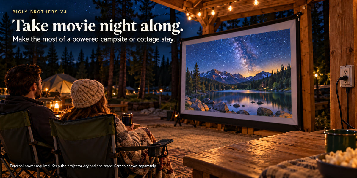 Movie night at a powered dry sheltered campsite; external power required and screen separate