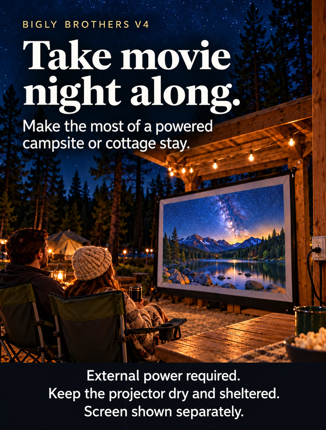 Movie night at a powered dry sheltered campsite; external power required and screen separate