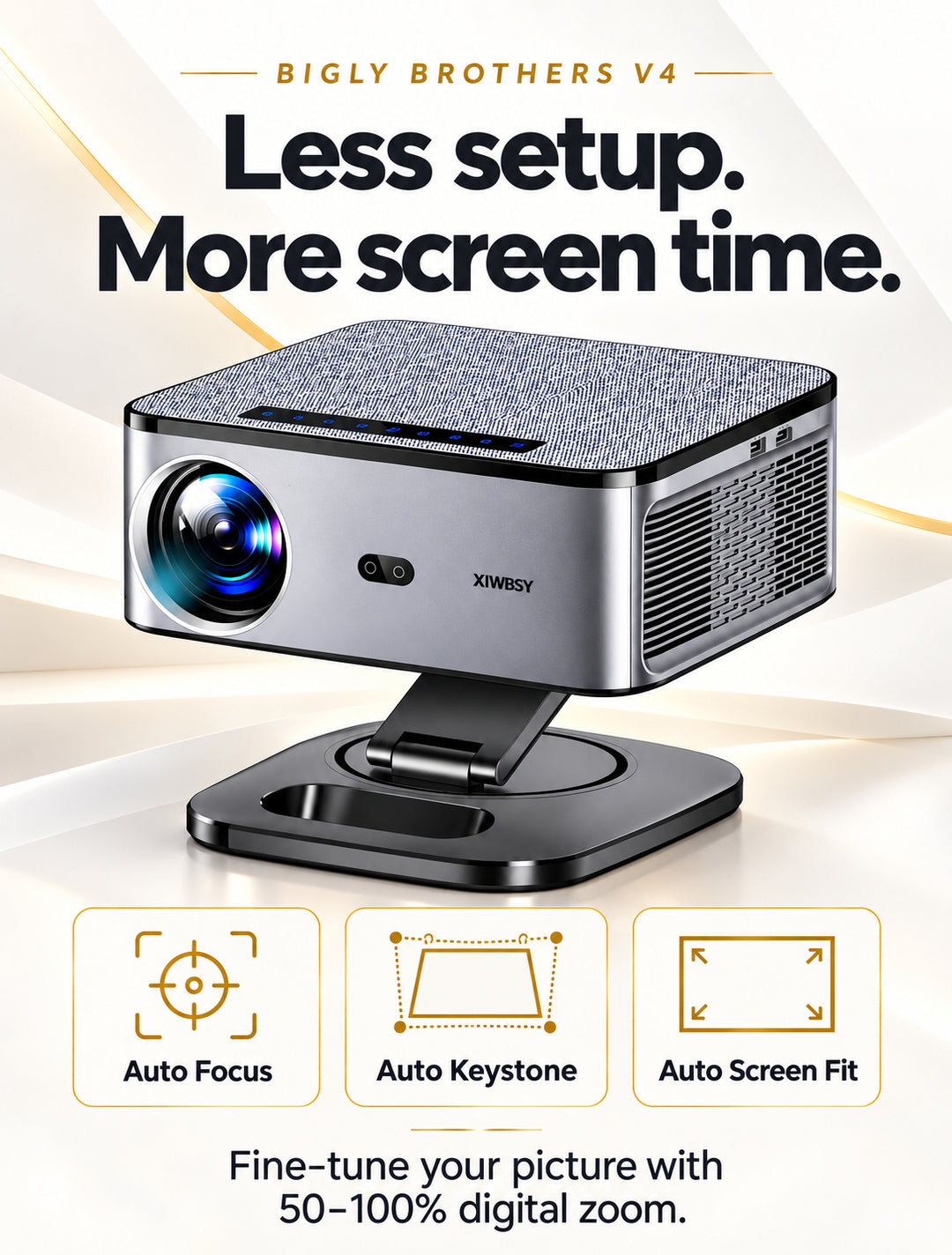 V4 autofocus, auto keystone, auto screen fit and 50–100% digital zoom