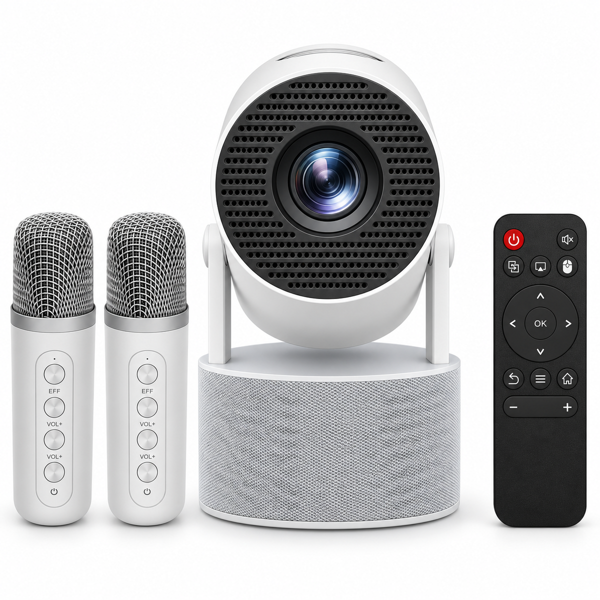 White karaoke projector with black circular grille, grey speaker base, two white microphones and black remote.